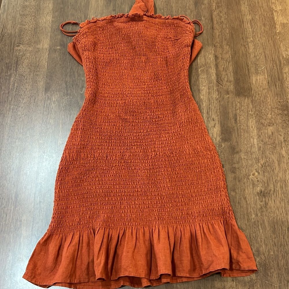 Abercrombie & Fitch Smocked Mini Dress Rust Burnt Orange Open Back Tie Ruffle XS - Picture 9 of 10